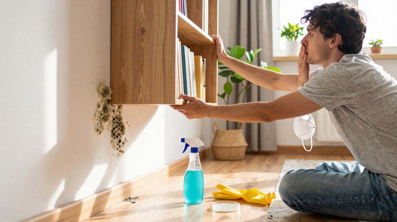 Man inspecting black mould growing on wall behind wooden bookshelf in bright room with cleaning spray and gloves nearby