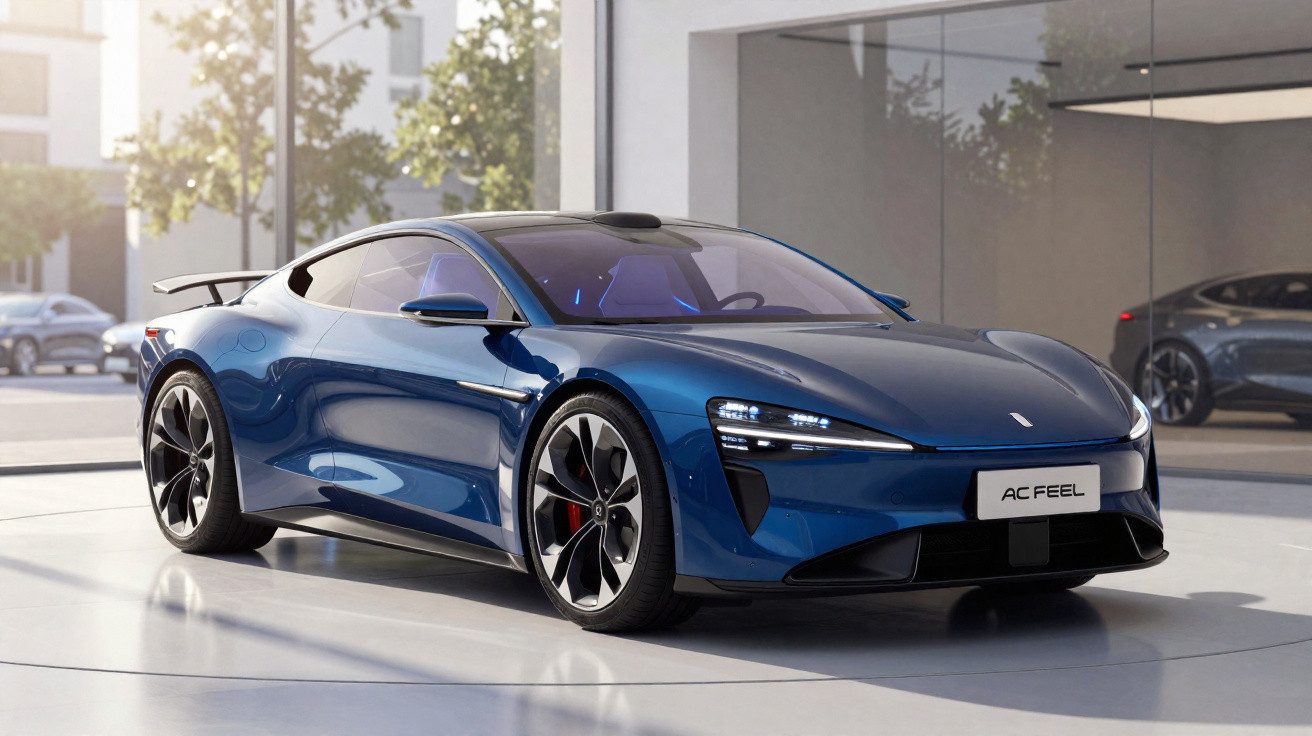 Sleek blue electric sports car with aerodynamic design parked in a modern showroom with reflective floor and glass walls.