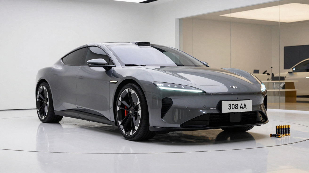 Sleek grey electric sports car with modern headlights displayed in a minimalist showroom on a circular platform.