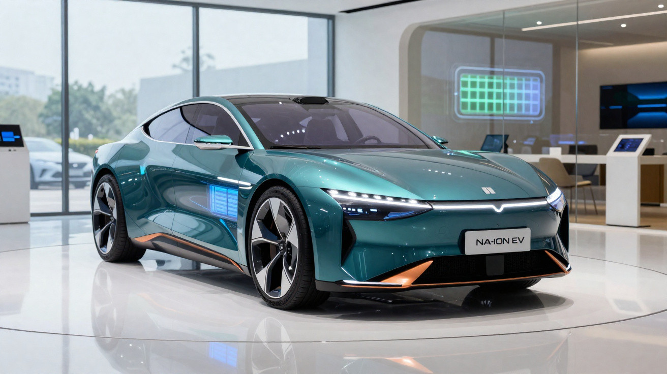 Sleek green NA-ION EV electric sports car displayed indoors with modern lighting and reflective floor.