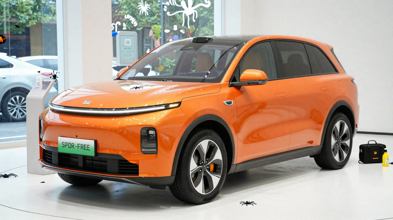 Bright orange electric SUV displayed indoors with a green SPDR-FREE license plate and spider decorations nearby.