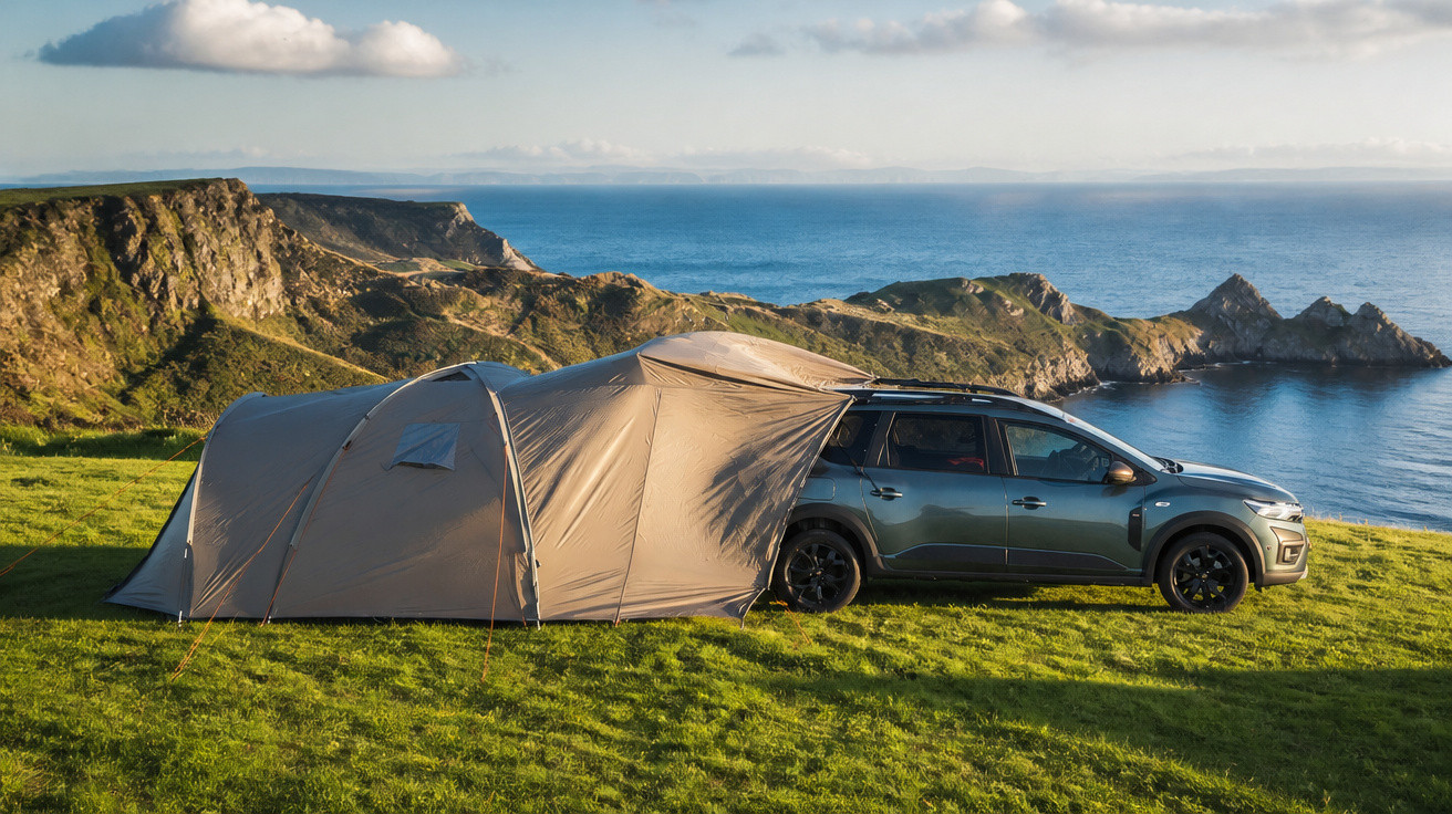 Car with attached tent pitched on green cliffside overlooking rocky coastline and calm sea under blue sky.