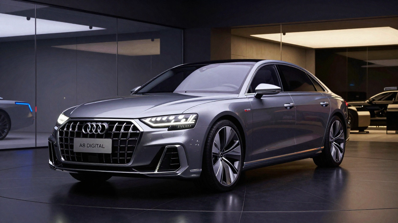 Grey Audi A8 sedan with digital headlights and large alloy wheels in modern showroom lighting