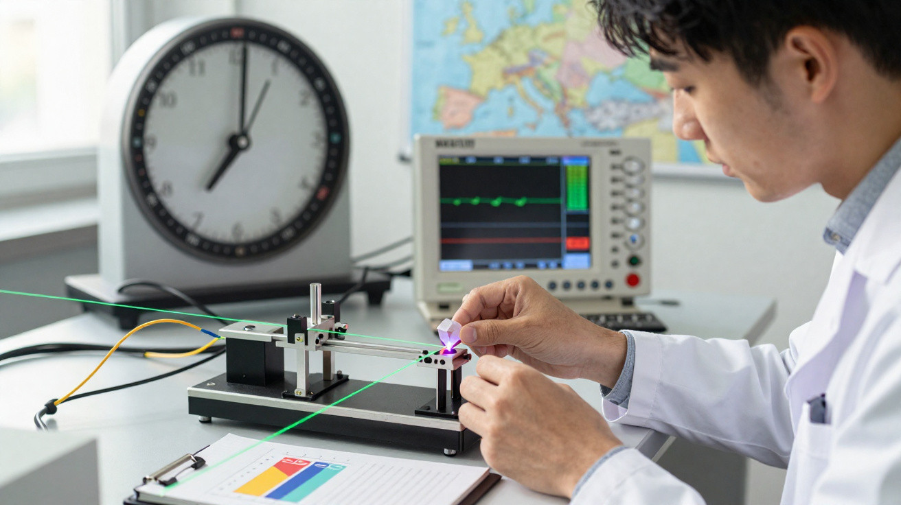 Scientist adjusting a lab laser setup with clock, oscilloscope, and map in the background.