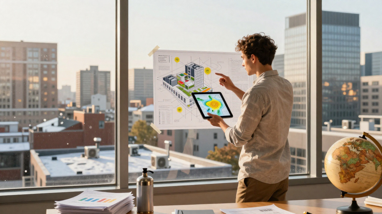 Man analysing building plans on a window and holding a tablet in a city office with sunlight.