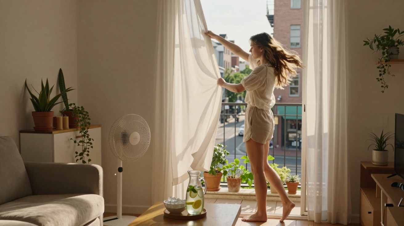 Woman opening sheer curtains in sunlit living room with plants and summer drinks on table