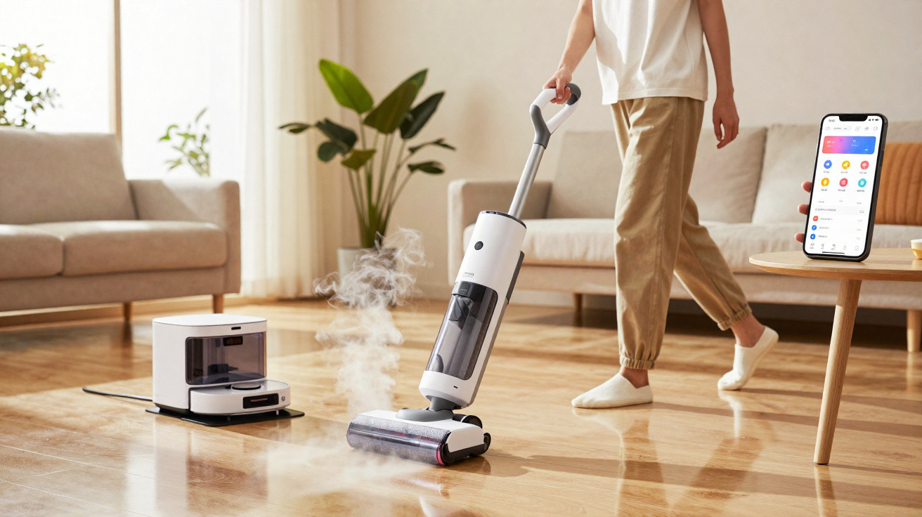 Person using a white cordless steam mop on wooden floor with charging station and smartphone nearby in modern living room.