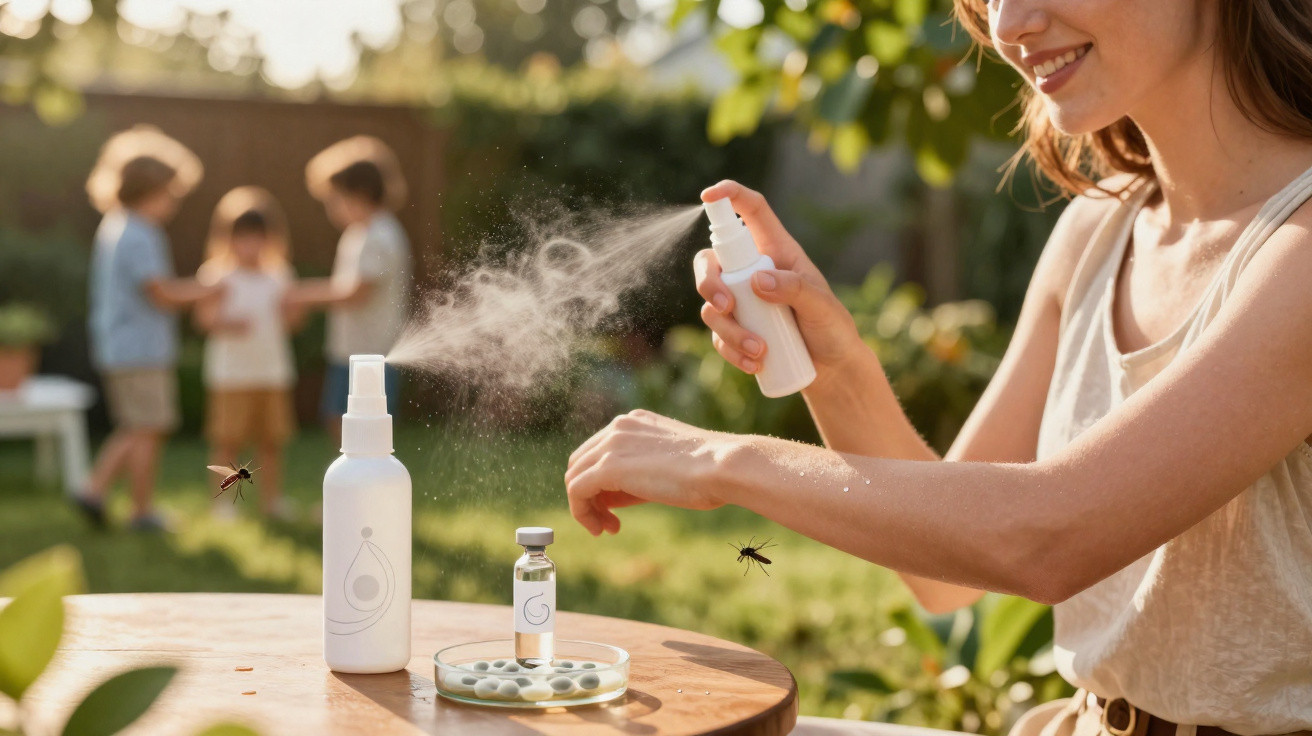 Woman spraying insect repellent on arm outdoors with children playing and mosquitoes nearby in the background