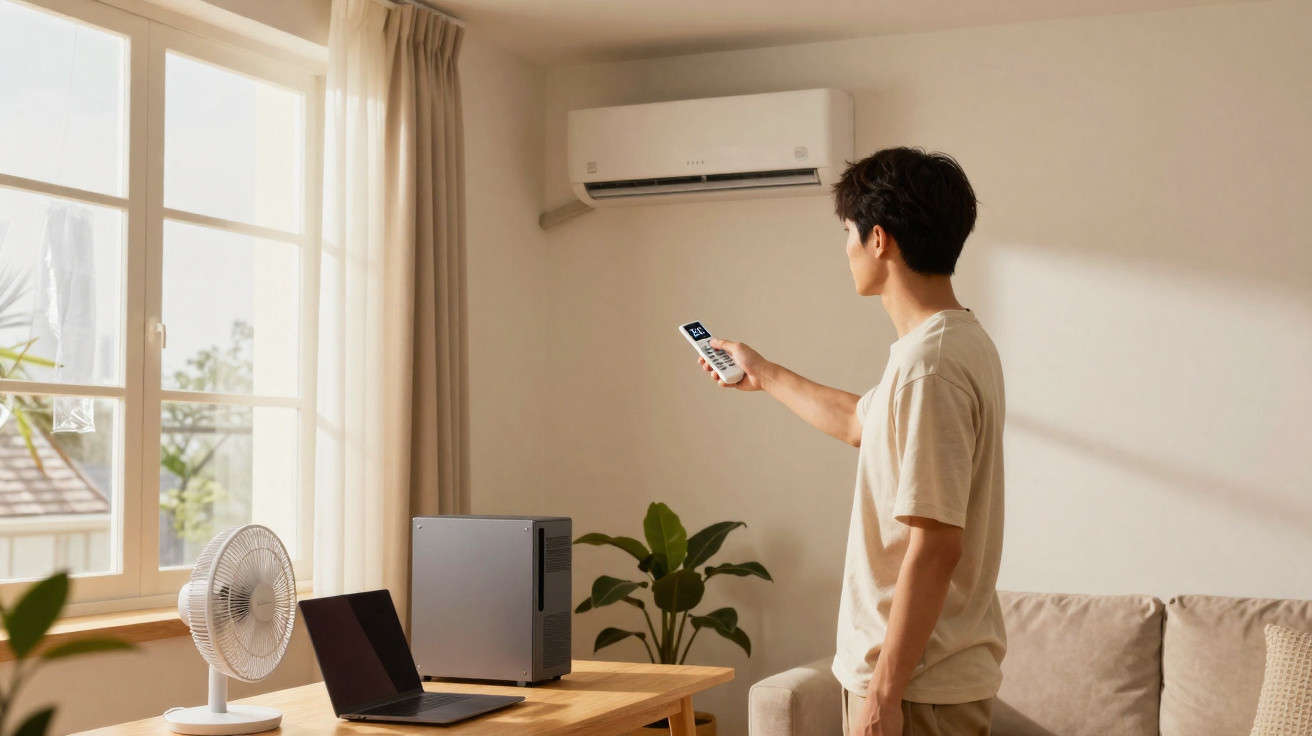 Man using remote to control wall-mounted air conditioner in bright living room with desk and laptop.