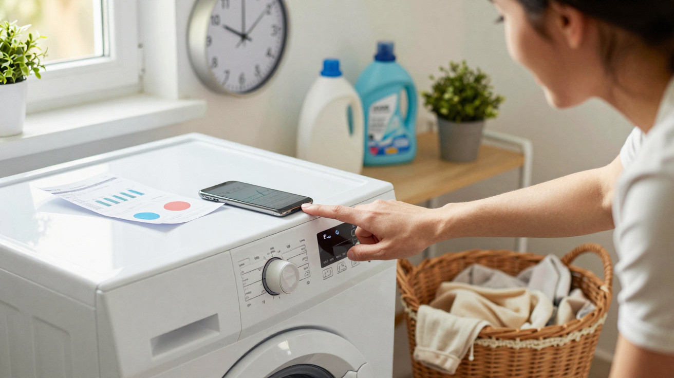 Person using a smartphone to operate a washing machine with laundry basket and cleaning supplies nearby.