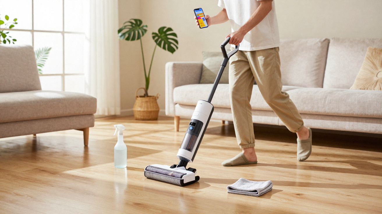 Person using a cordless vacuum mop on a wooden floor in a bright living room, holding a smartphone.