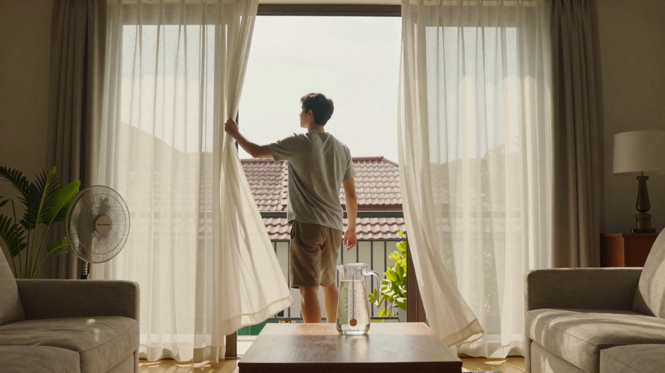 Man opening sheer curtains in a sunlit living room with beige sofas and a wooden coffee table.