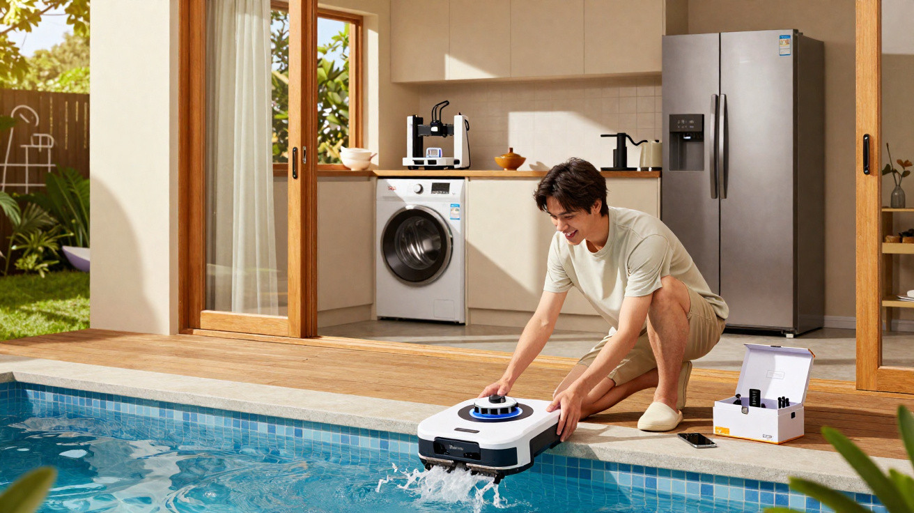 Man operating a robotic pool cleaner by a modern kitchen opening onto a pool in a sunny backyard.