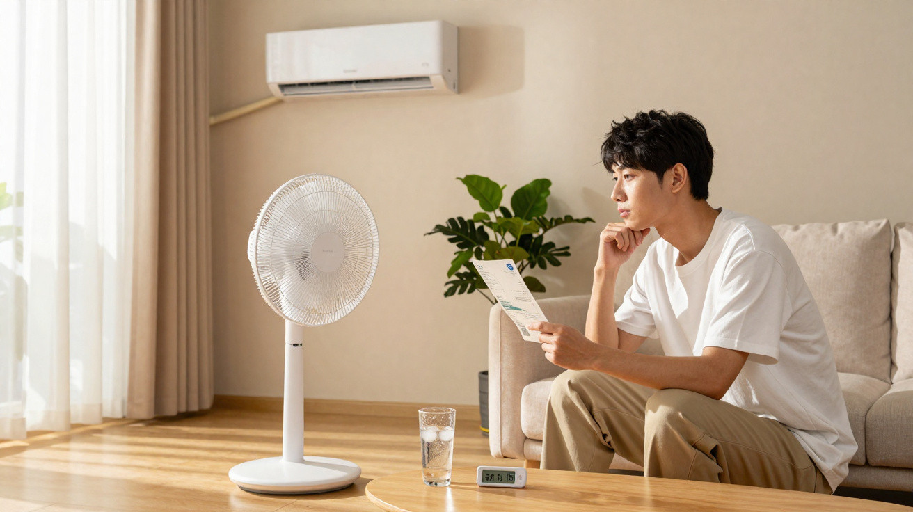 Young man sitting on a sofa, looking at a fan and holding a paper in a bright living room.