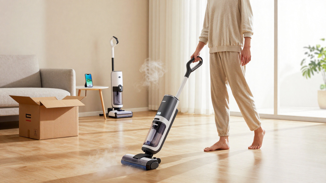 Person using a steam mop to clean a wooden floor in a bright living room with a cardboard box nearby.
