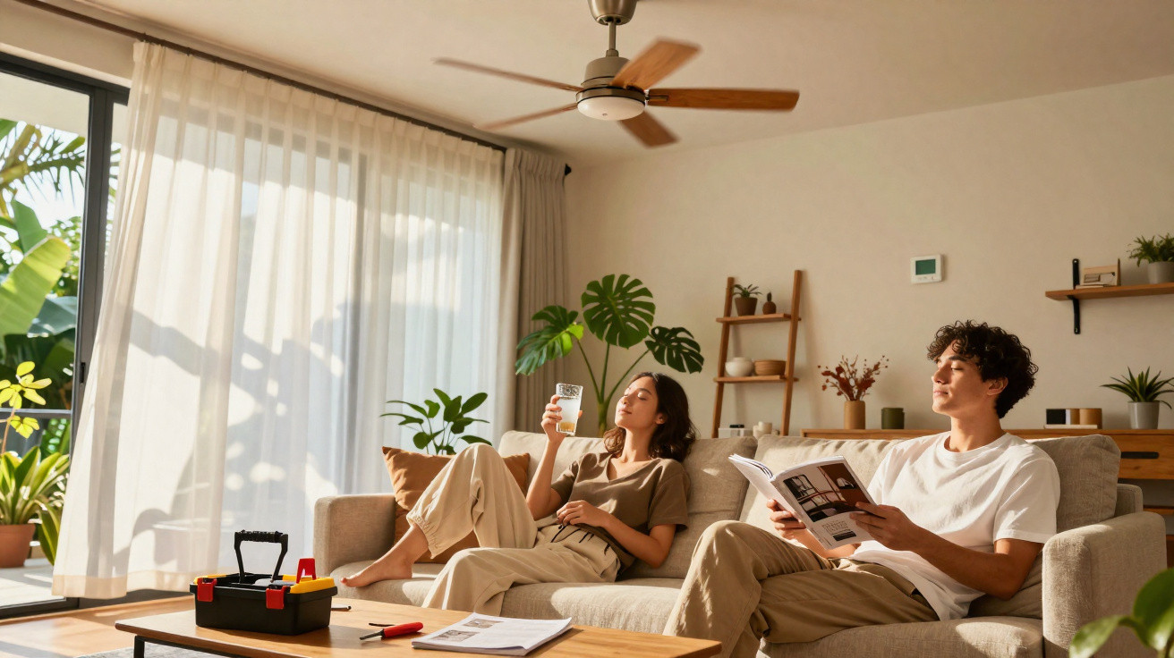 Couple relaxing on a beige sofa in a sunlit living room with plants and a ceiling fan.