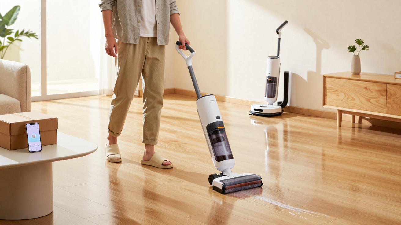 Person using a white cordless mop to clean a wooden floor in a bright living room with natural light.