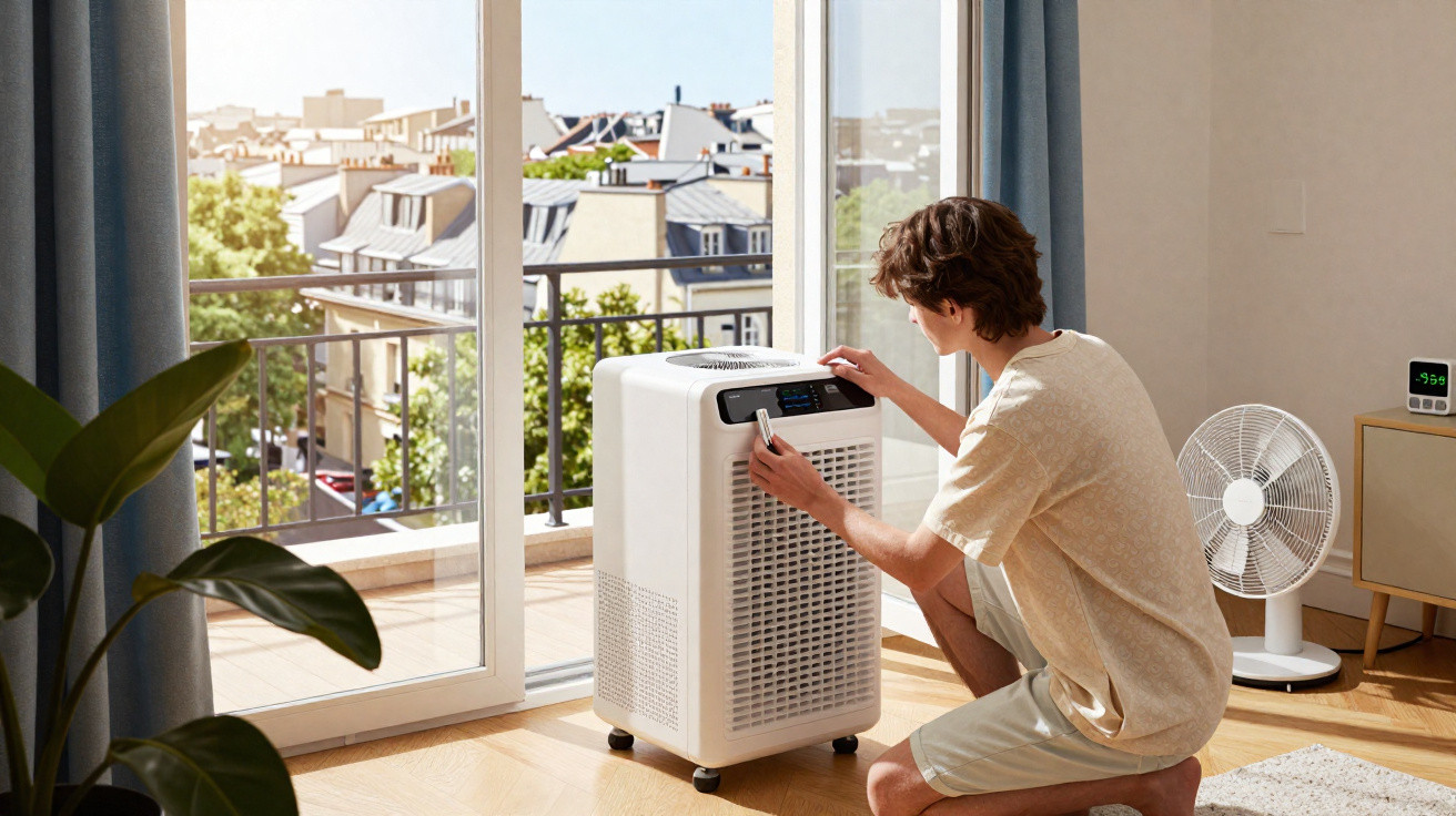 Person adjusting a portable air conditioner near an open balcony door in a bright, modern room.