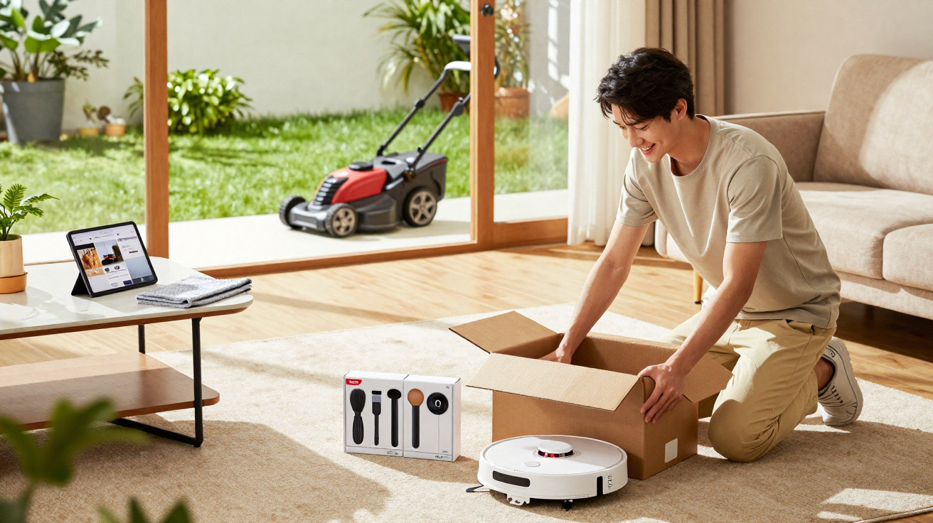 Man unpacking a robotic vacuum cleaner in a bright living room with a tablet on the table and a lawnmower outside.