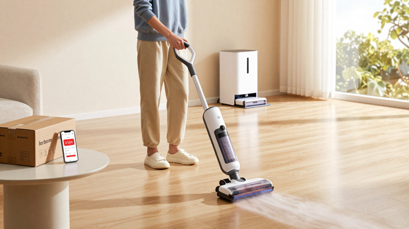 Person using a cordless steam mop to clean a wooden floor in a bright, modern living room.