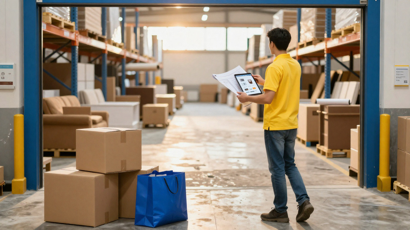Man in yellow shirt holding tablet and papers standing in warehouse with stacked boxes and shelving units.