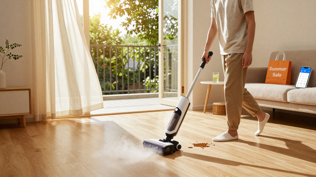 Person using a cordless vacuum cleaner to clean a spill on a sunlit wooden floor near an open balcony door.