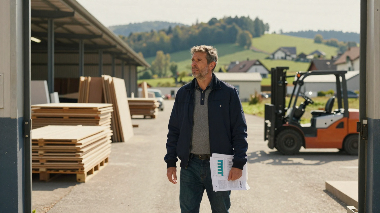Man holding documents standing outside a warehouse with stacked wood panels and a forklift in the background.