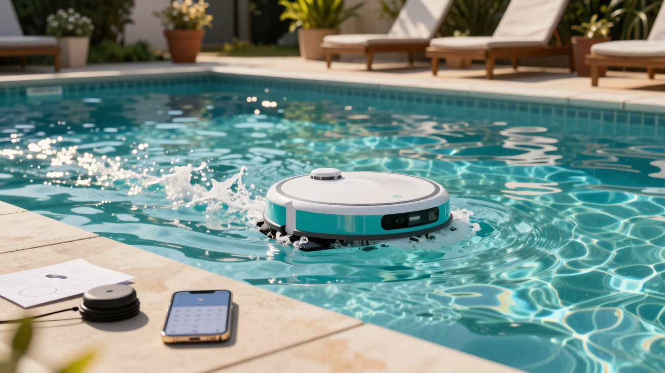 Robotic pool cleaner moving through clear blue water in a pool with lounge chairs in the background.