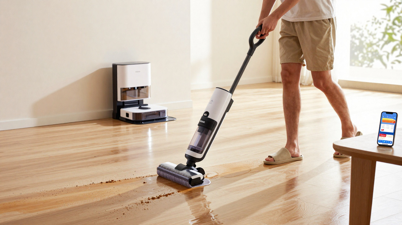 Person using a cordless electric mop to clean a wooden floor with dirt and water spill nearby.