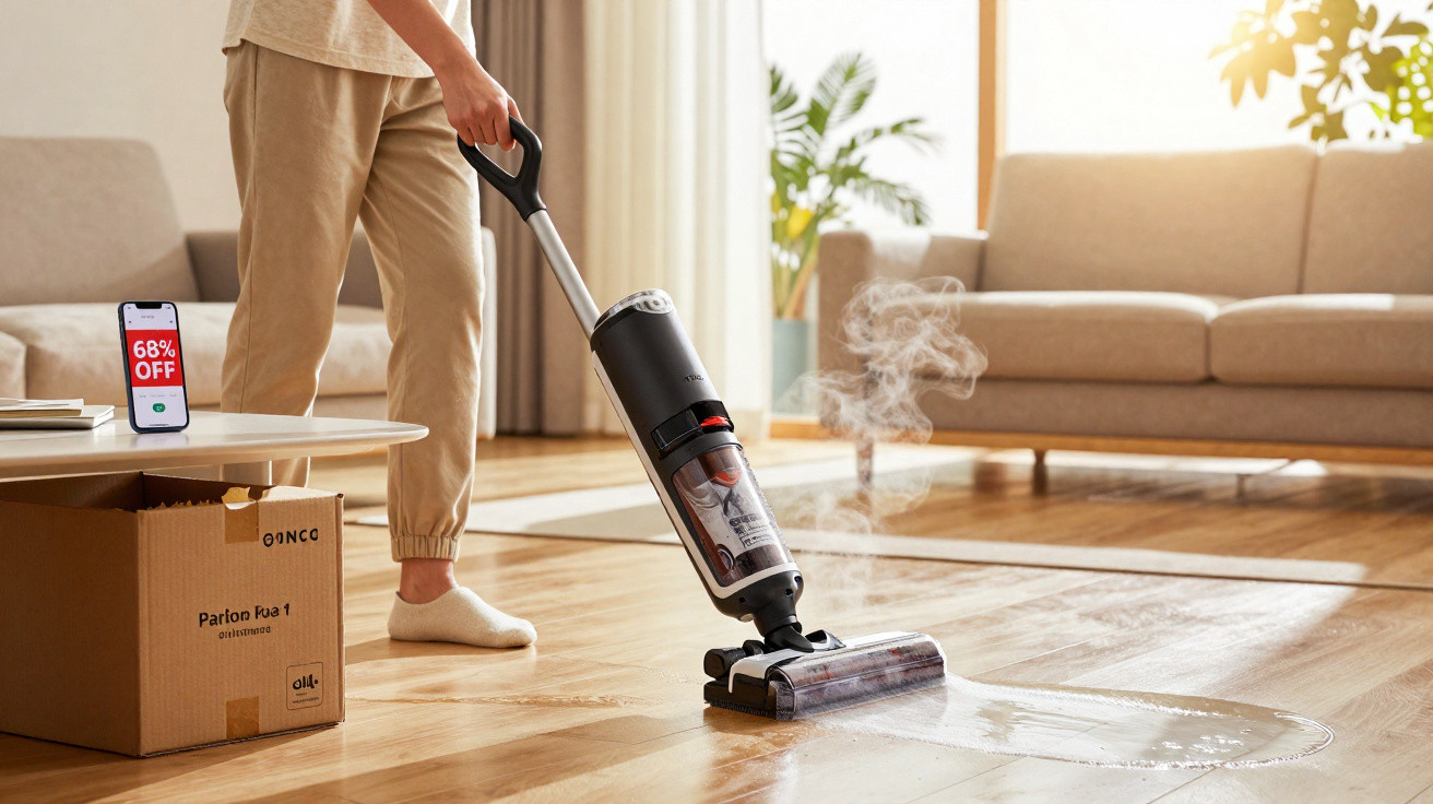 Person using a cordless vacuum cleaner on a wooden floor in a bright living room with a 68% off sale on phone.