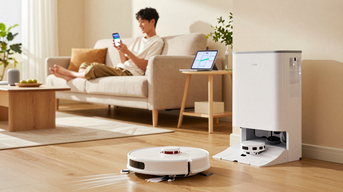 Robot vacuum cleaning a living room with a person relaxing on a sofa using a smartphone in the background.