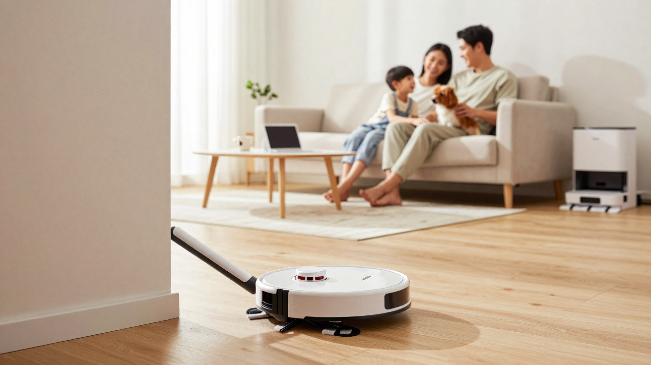 Robot vacuum cleaning wooden floor in living room with family sitting on sofa in background