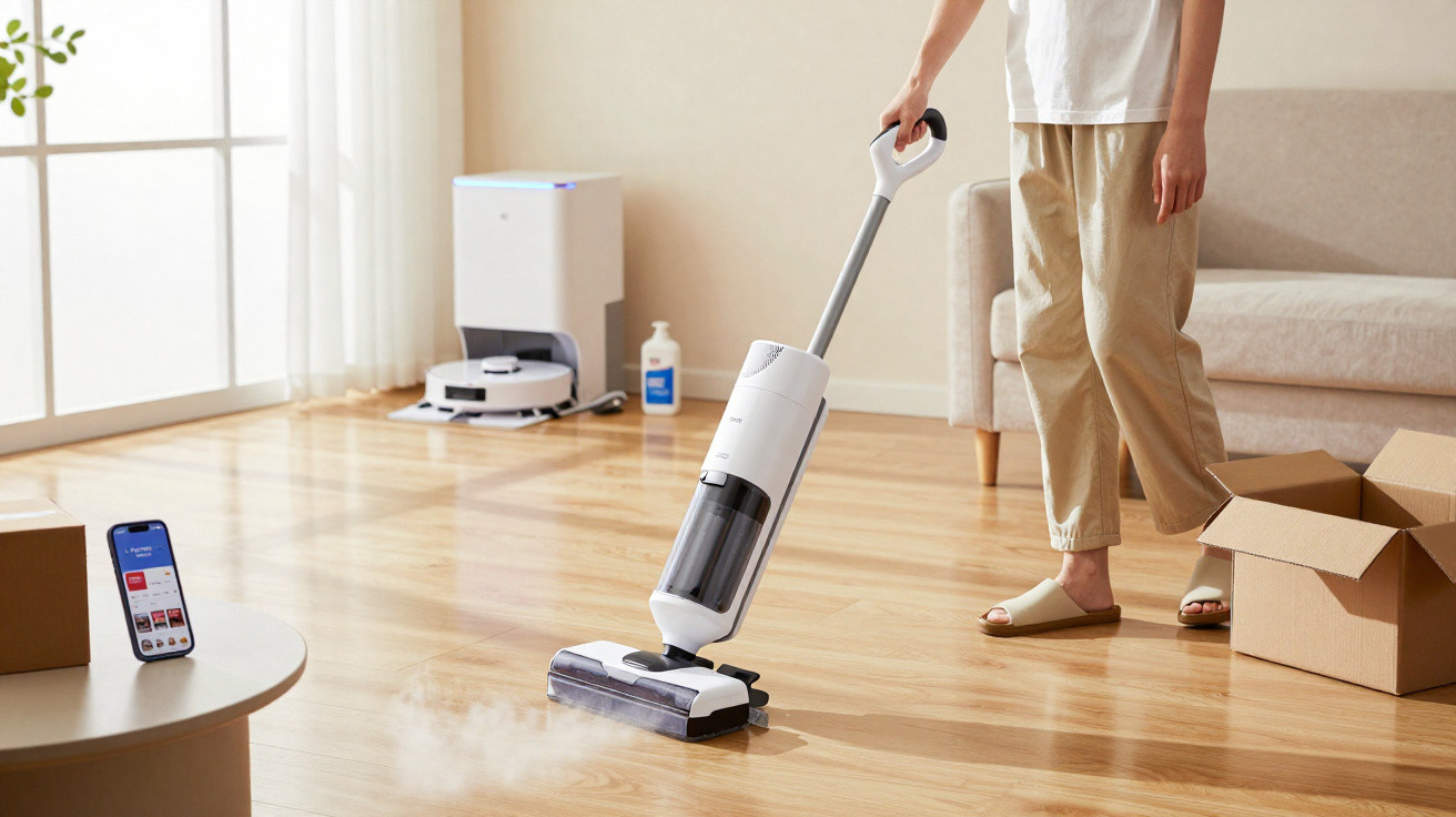 Person using a white cordless vacuum cleaner on a wooden floor in a bright living room with a phone and cardboard boxes nearb