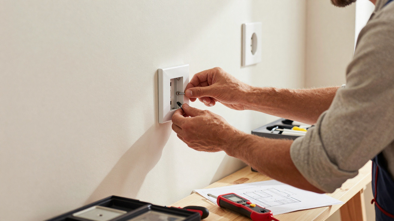 Close-up of a person installing or repairing a wall light switch with tools on a wooden shelf nearby.