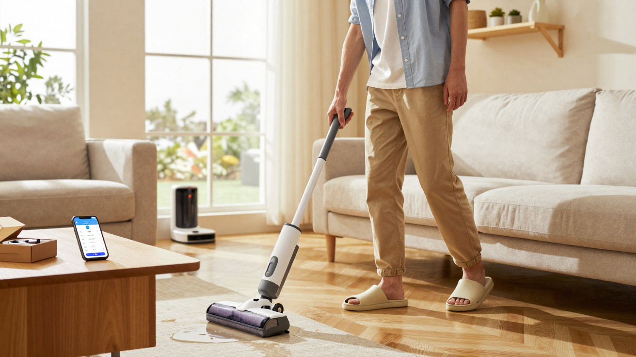 Person using cordless vacuum cleaner on wooden floor in a bright, modern living room.