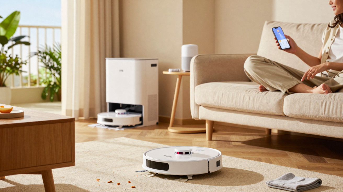 Woman sitting on beige sofa using smartphone to control a robot vacuum cleaner in a modern living room