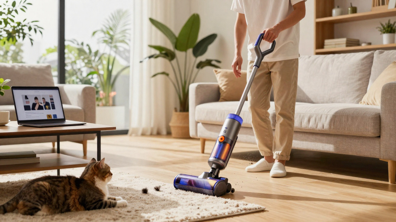 Person vacuuming wooden floor near a sofa and cat lying on a rug in a bright living room.