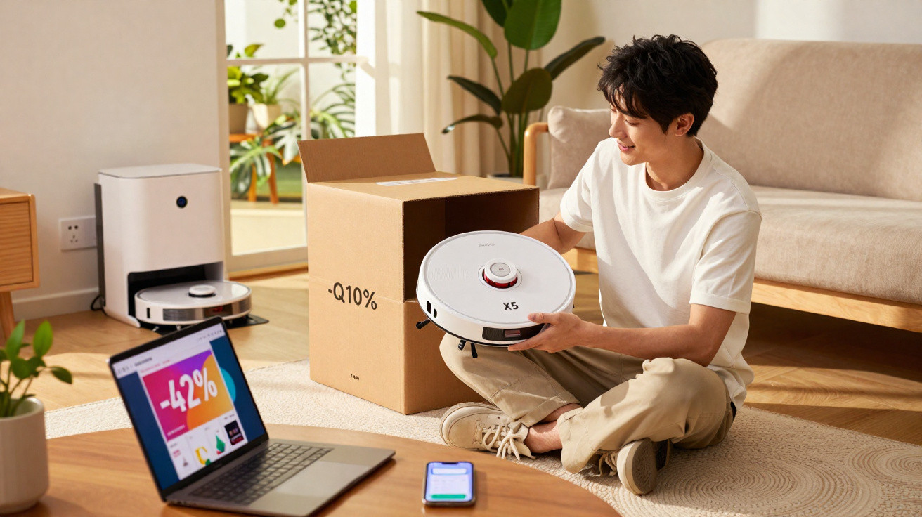 Young man unboxing a robotic vacuum cleaner in a bright living room with laptop and smartphone nearby.