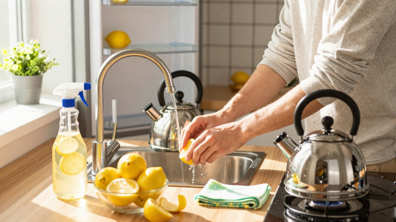 Person squeezing lemon over a kitchen sink with lemons, a kettle, and a lemon water spray bottle nearby.