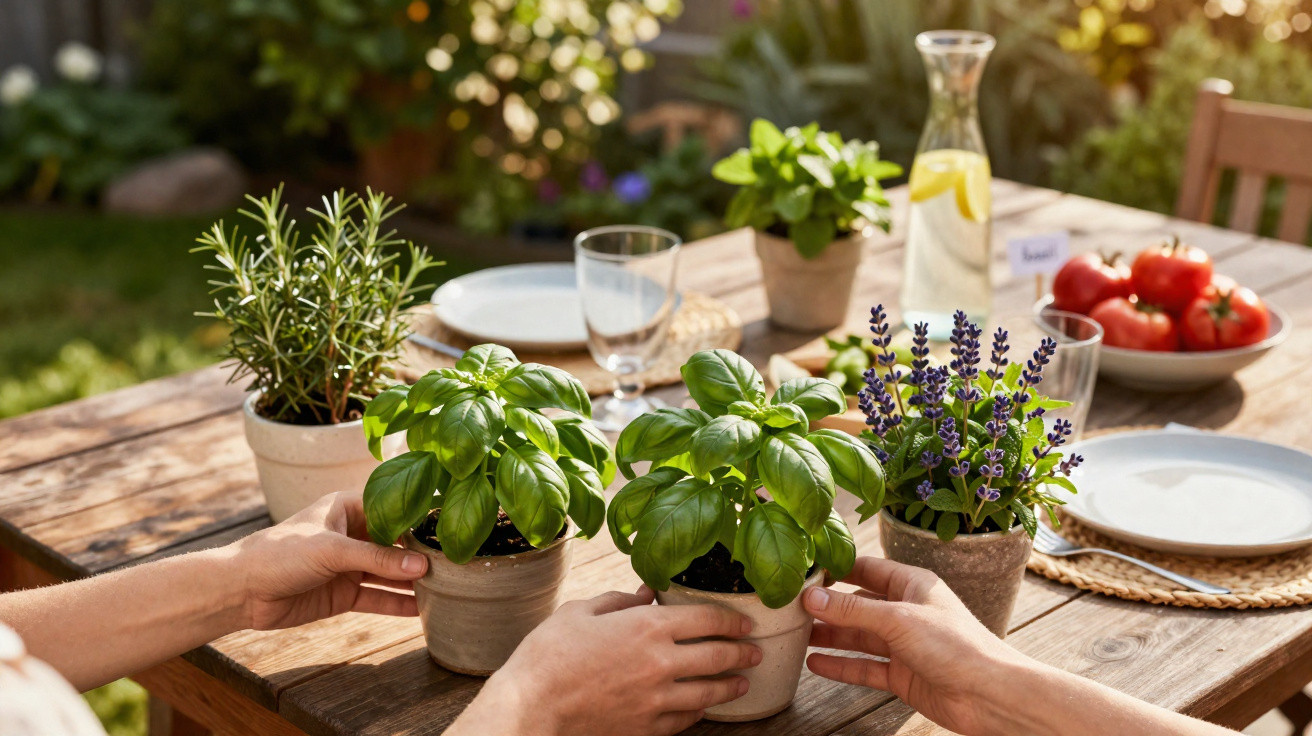 Two people exchanging potted basil plants on a wooden garden table set with plates, water, and fresh tomatoes.