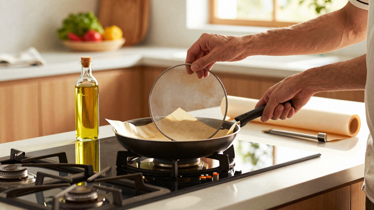 Person placing a splatter screen on a frying pan with parchment paper over a gas stove in a kitchen.