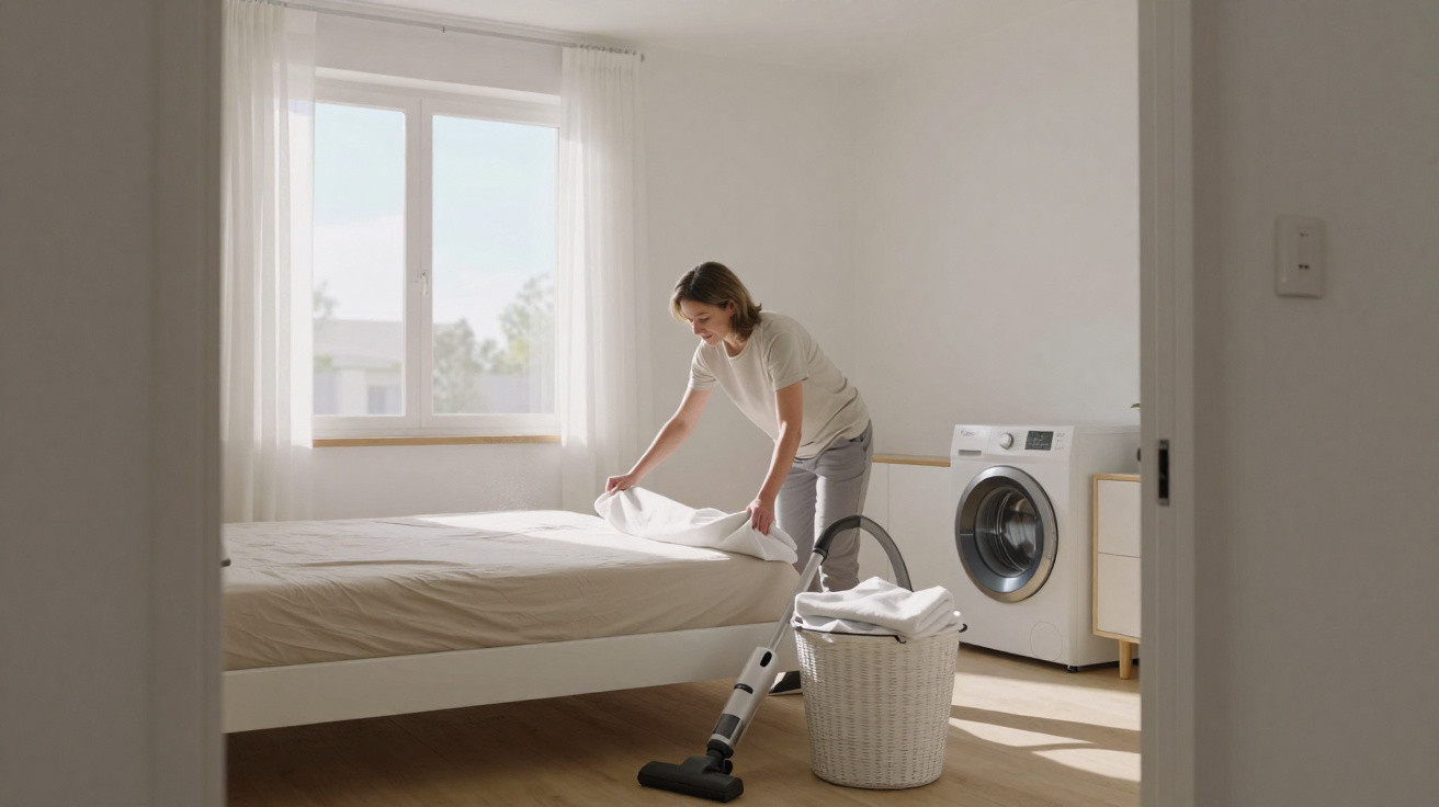 Woman making a bed in a bright, minimalist bedroom with a laundry basket and vacuum cleaner on the floor.