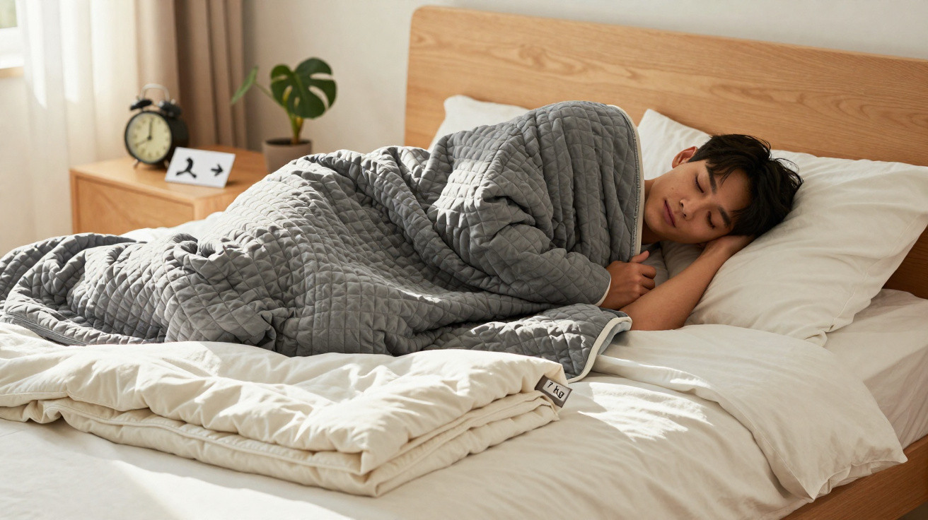 Person sleeping on their side under a grey quilted blanket in a sunlit bedroom with a wooden bed frame.
