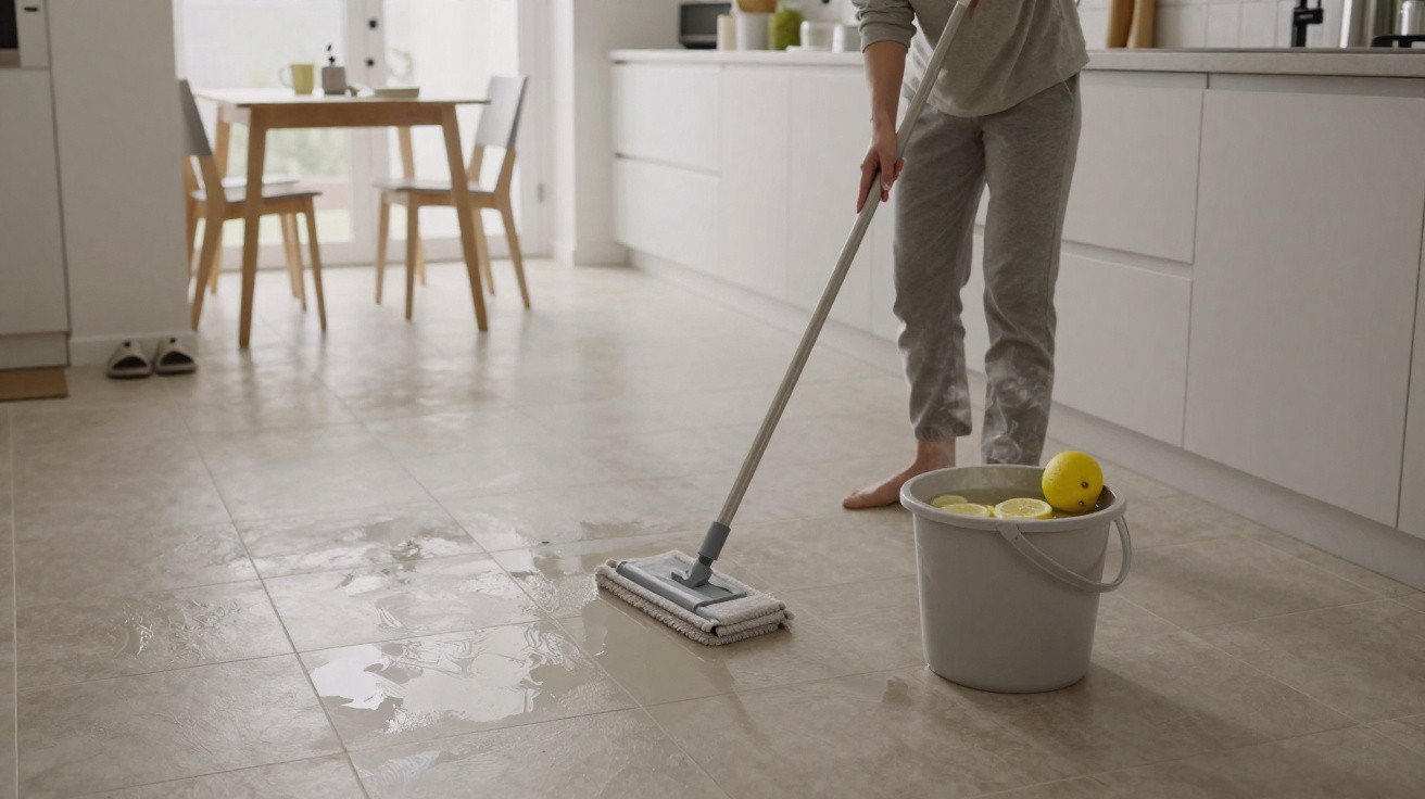Person mopping a tiled kitchen floor with a bucket containing water and lemon slices nearby.
