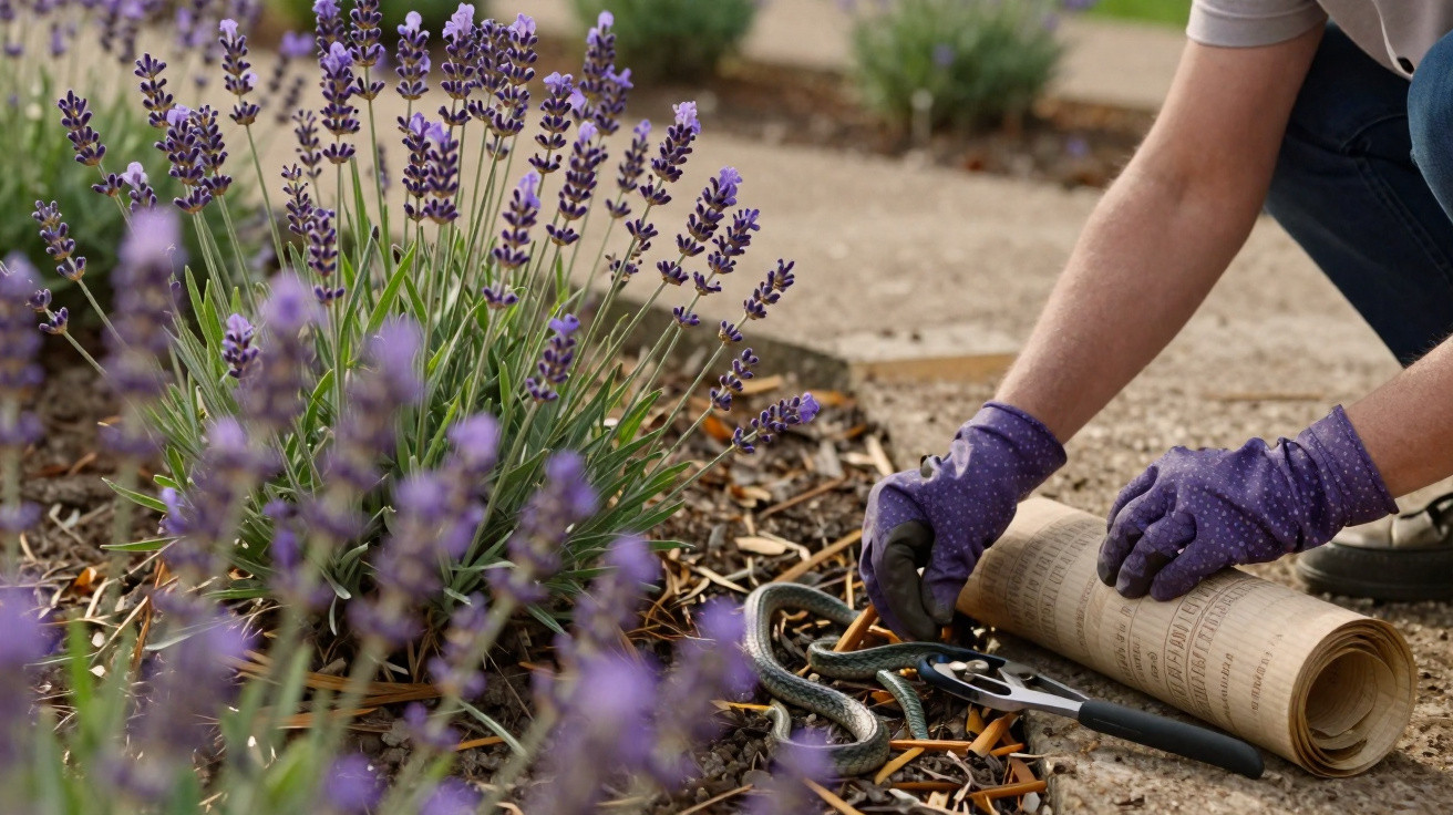 Person wearing purple gloves handling a snake near lavender plants in a garden.