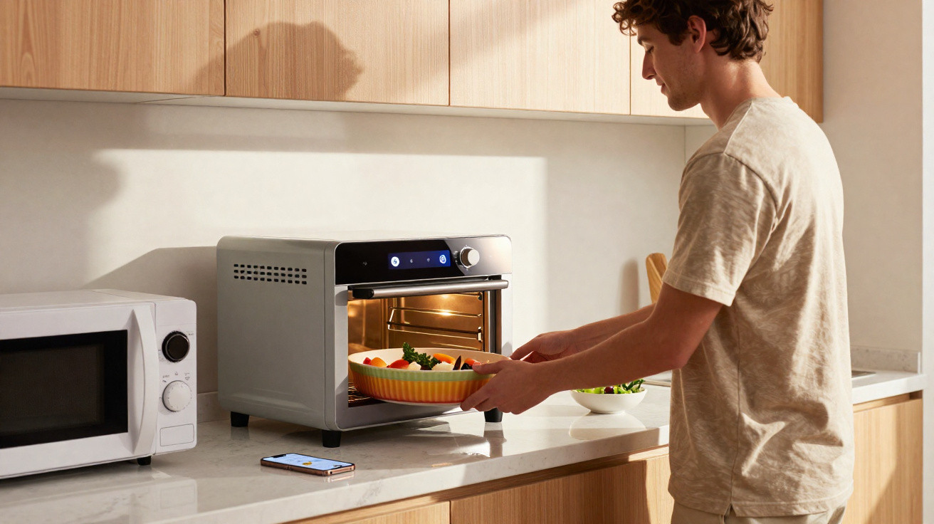 Man placing a bowl of vegetables into a countertop oven in a modern kitchen with wooden cabinets.