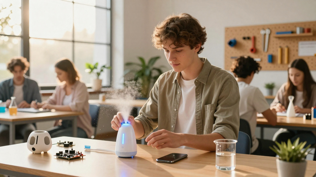 Young man adjusting a small humidifier emitting mist at a table in a bright classroom with students in the background