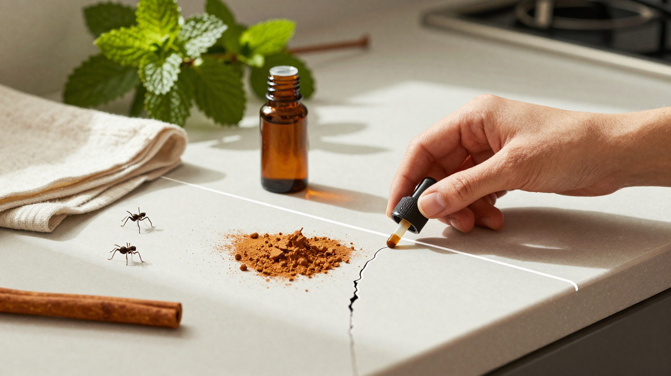 Hand applying a liquid remedy to a kitchen countertop crack with ants, cinnamon stick, powder, and mint leaves nearby.