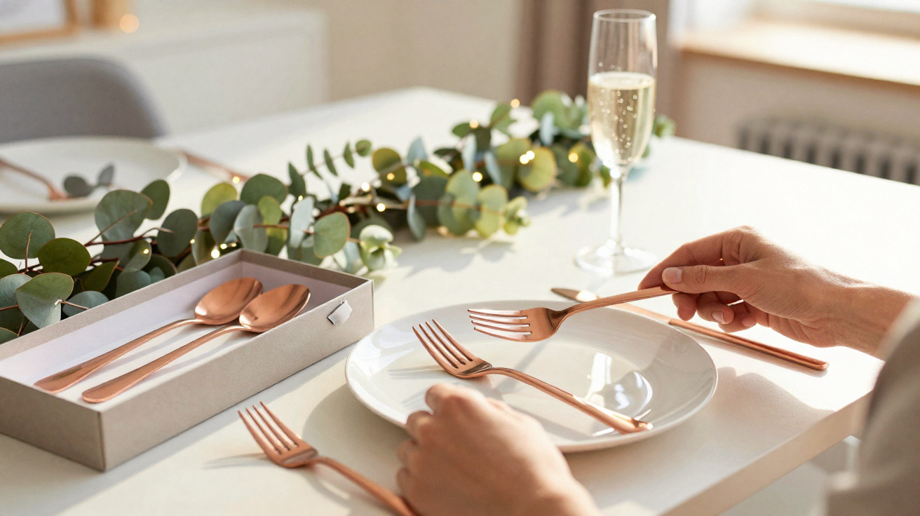 Person setting table with rose gold cutlery, white plate, champagne glass, and eucalyptus decoration on white surface.