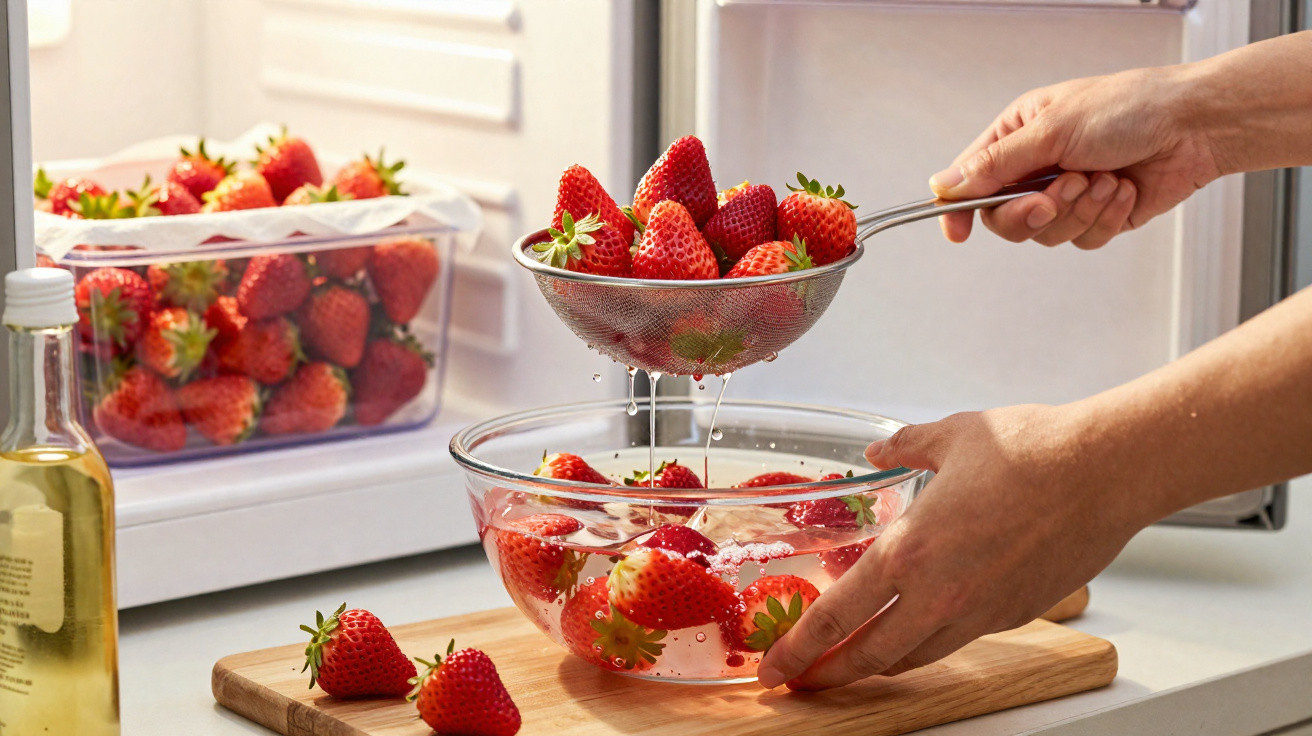 Hands rinsing fresh strawberries with water in a kitchen, some strawberries on a wooden board and in a fridge container.